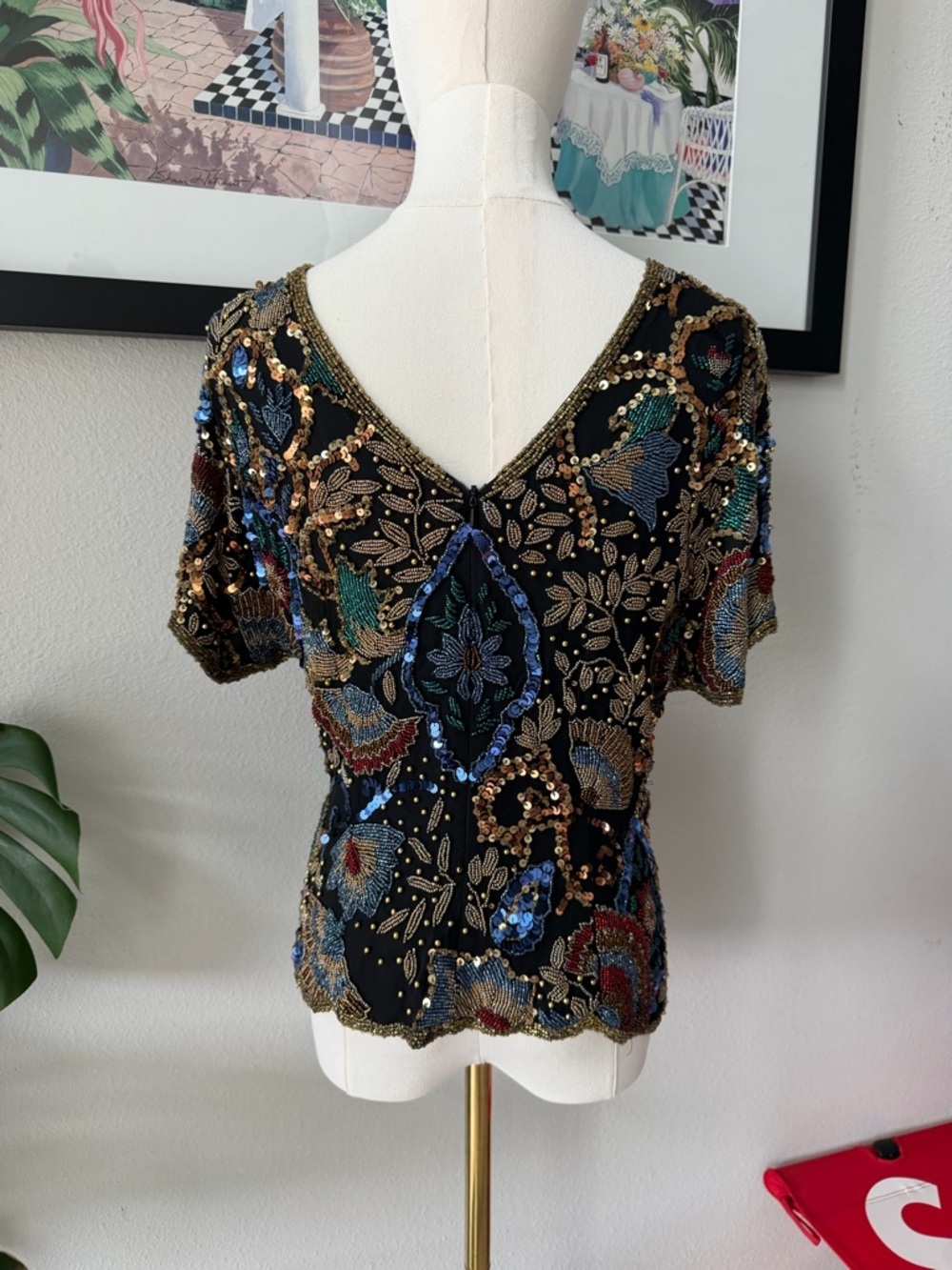 INCREDIBLE Vintage 80s Black Tie 100% Silk Fully Beaded Statement Top Sz Medium - Picture 4 of 11